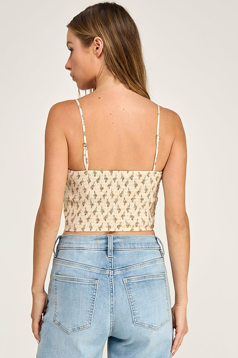 T5583-1 Lace-trim Neck Smocked back Floral Corset Crop Top