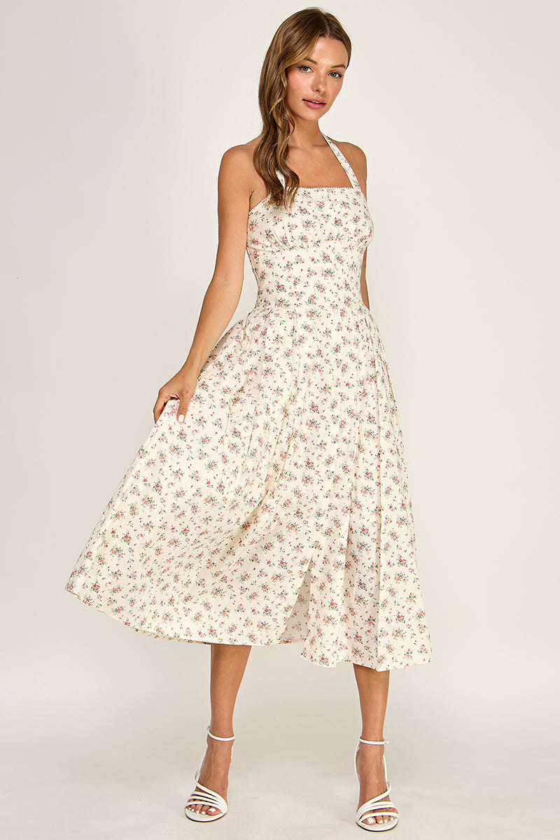 D5795 Ditsy Floral Halter Fit & Flare Midi Dress