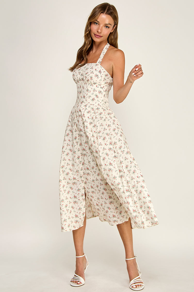D5795 Ditsy Floral Halter Fit & Flare Midi Dress