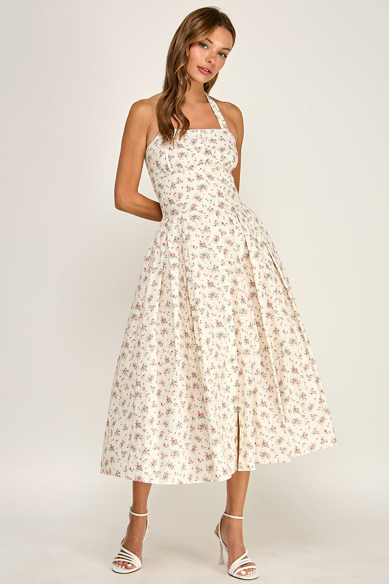 D5795 Ditsy Floral Halter Fit & Flare Midi Dress