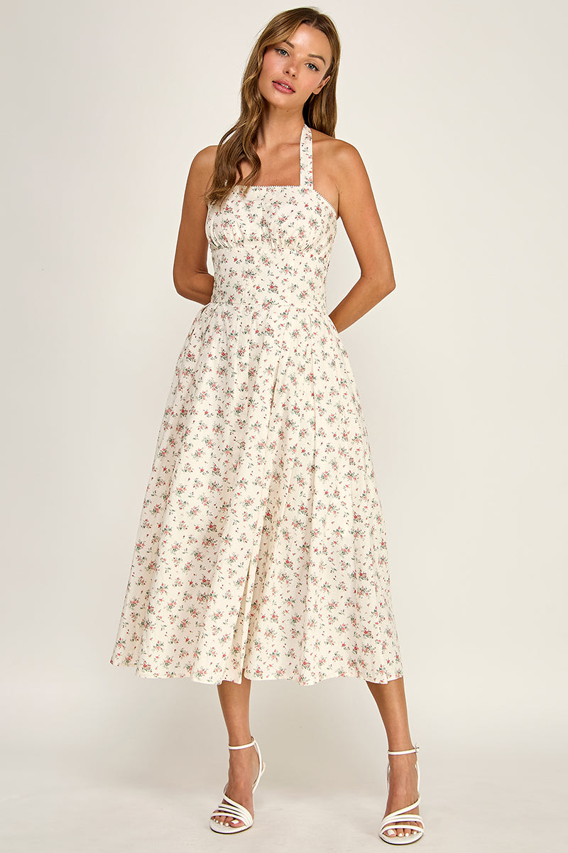 D5795 Ditsy Floral Halter Fit & Flare Midi Dress