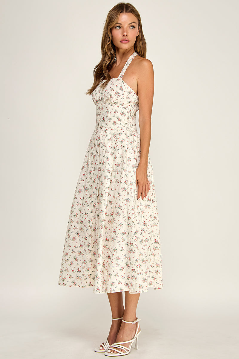D5795 Ditsy Floral Halter Fit & Flare Midi Dress