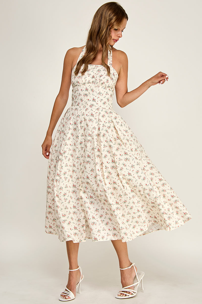 D5795 Ditsy Floral Halter Fit & Flare Midi Dress