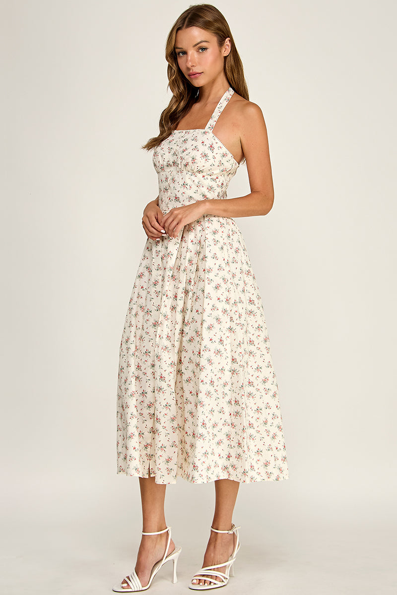 D5795 Ditsy Floral Halter Fit & Flare Midi Dress