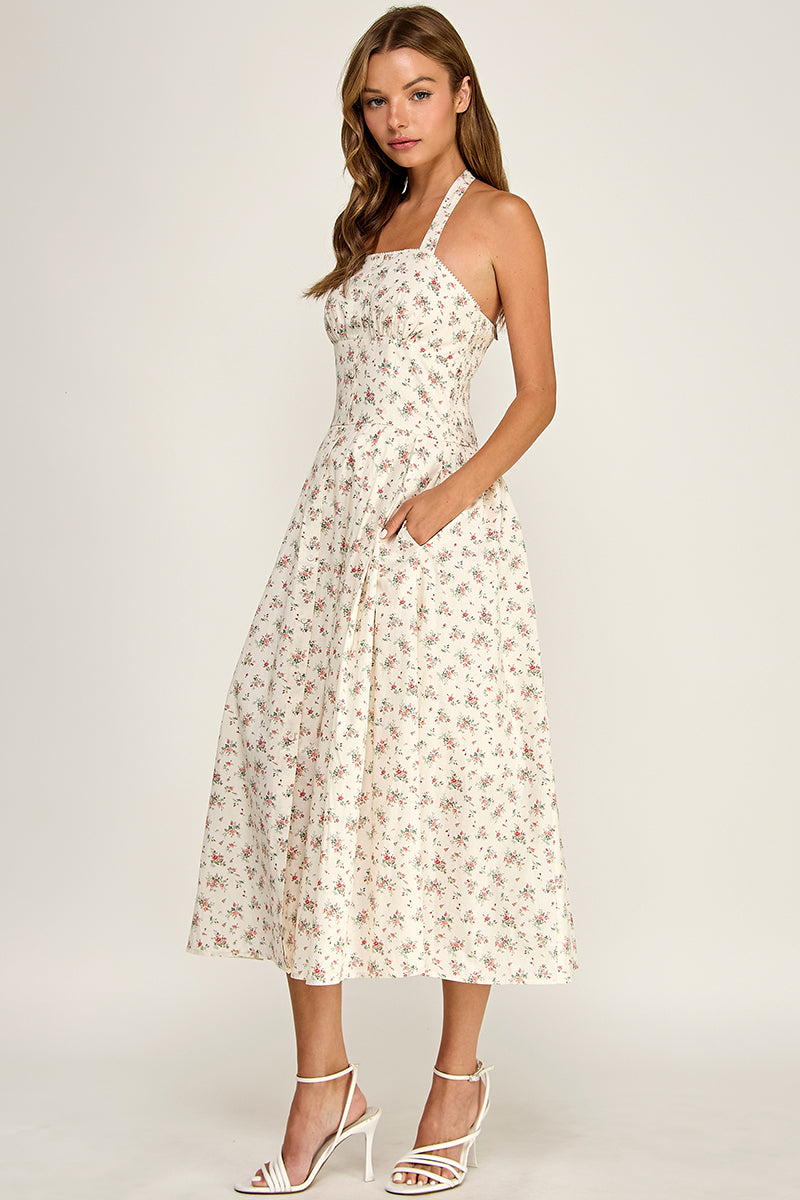 D5795 Ditsy Floral Halter Fit & Flare Midi Dress