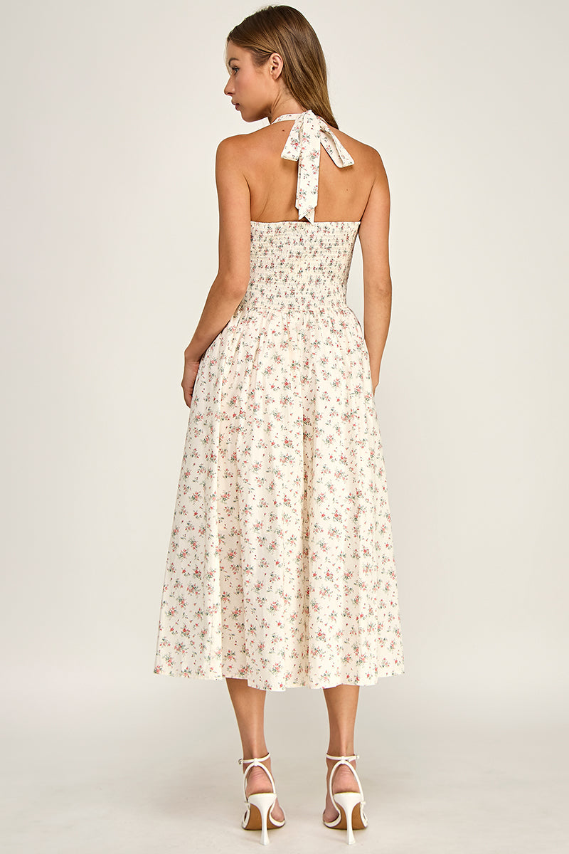 D5795 Ditsy Floral Halter Fit & Flare Midi Dress