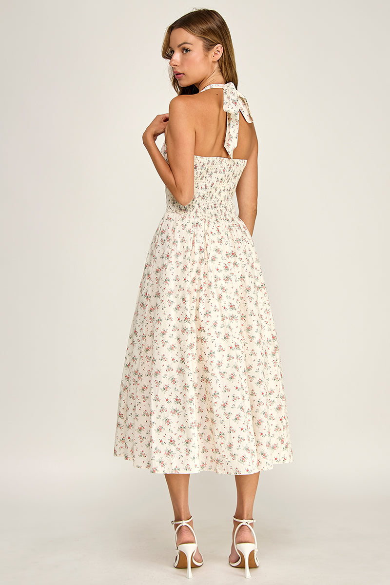 D5795 Ditsy Floral Halter Fit & Flare Midi Dress