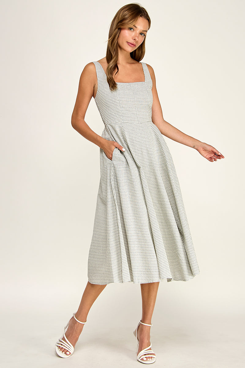D5609-1 Gingham Square Neck Midi Dress