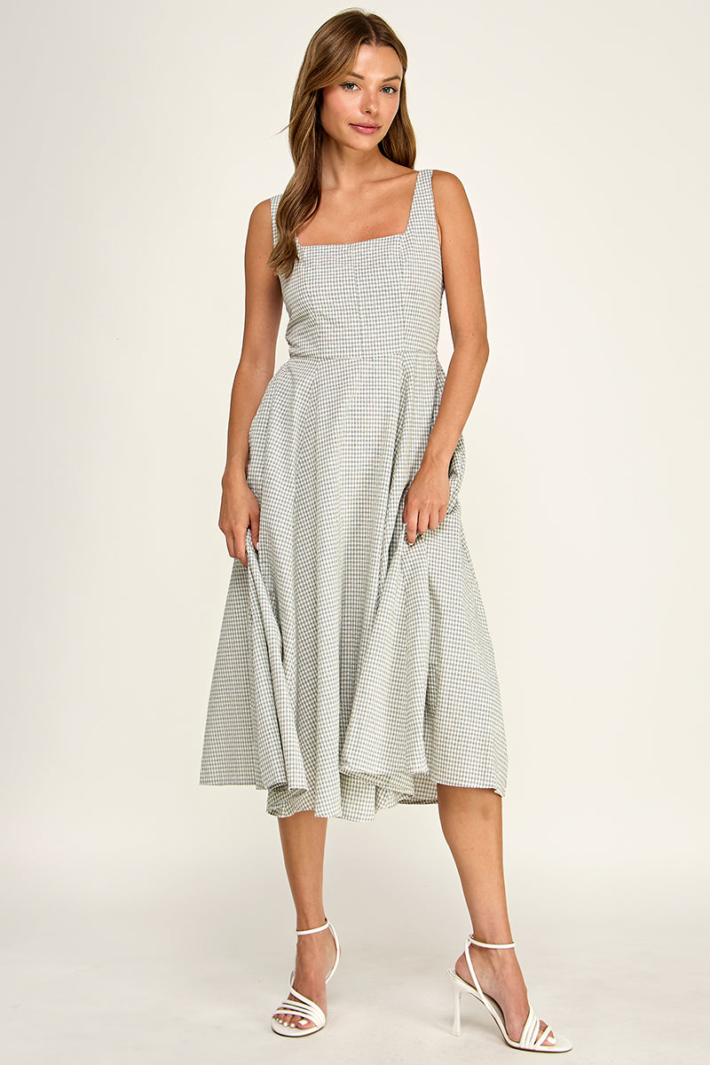 D5609-1 Gingham Square Neck Midi Dress