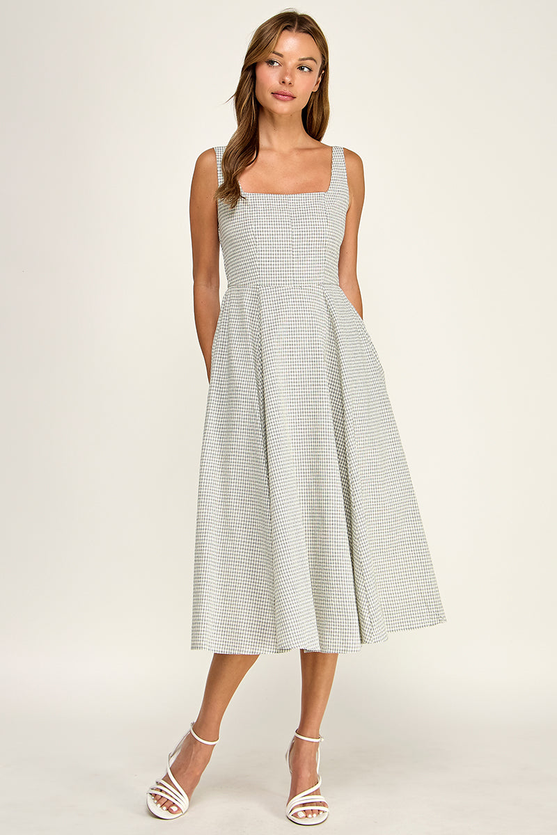 D5609-1 Gingham Square Neck Midi Dress
