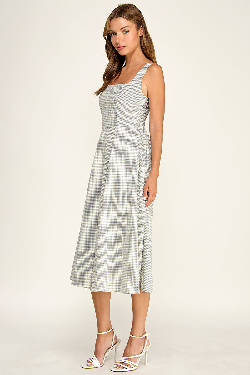 D5609-1 Gingham Square Neck Midi Dress