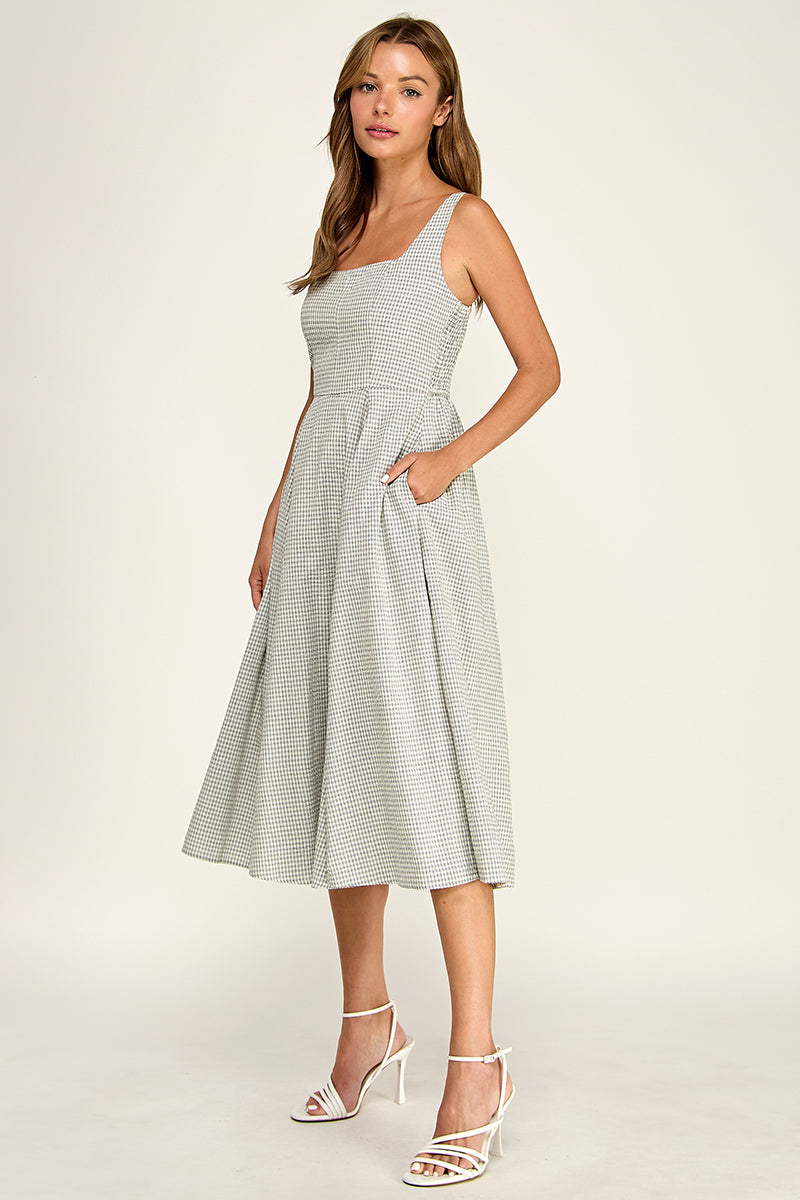 D5609-1 Gingham Square Neck Midi Dress