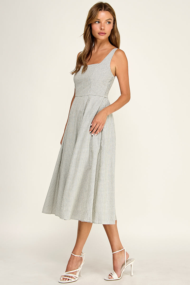 D5609-1 Gingham Square Neck Midi Dress