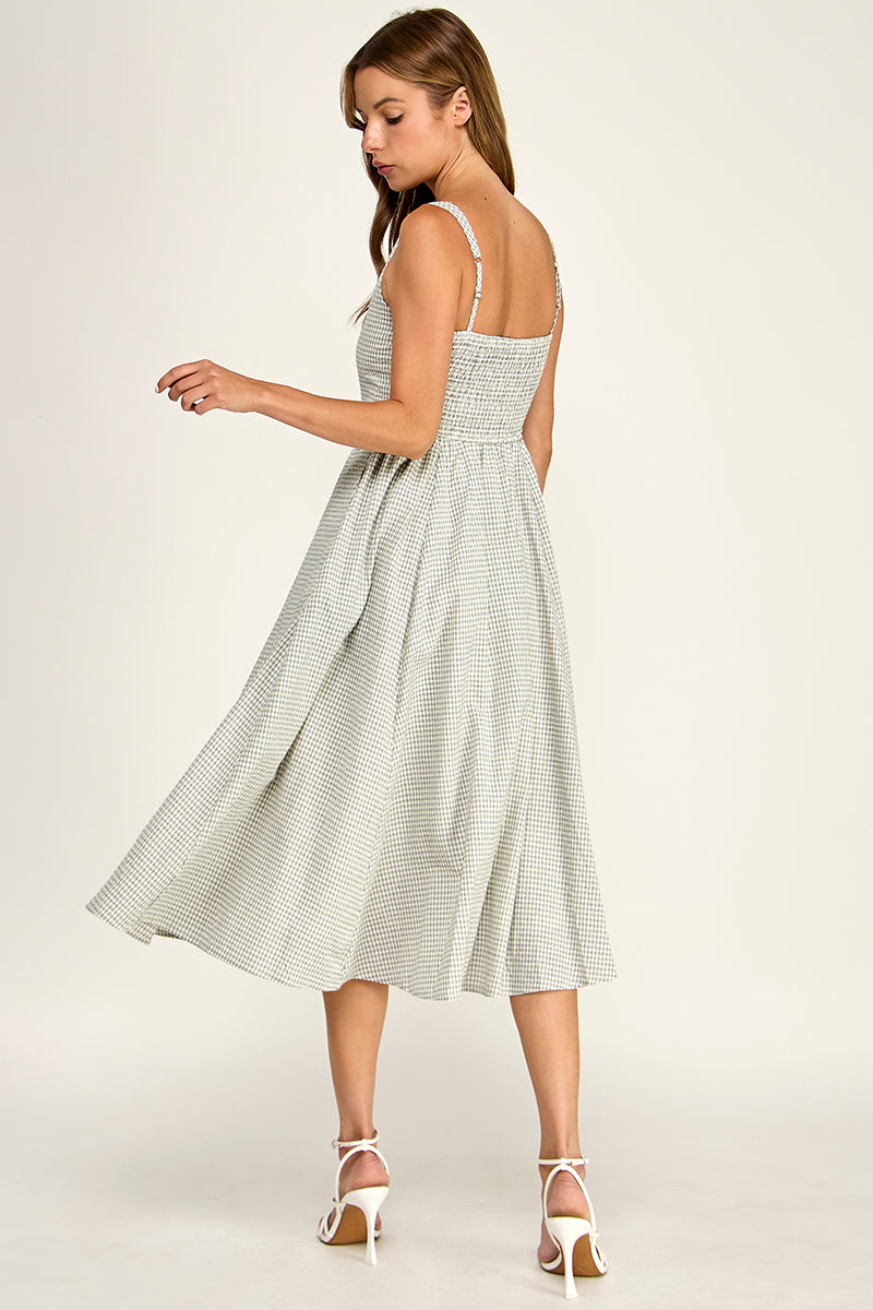 D5609-1 Gingham Square Neck Midi Dress