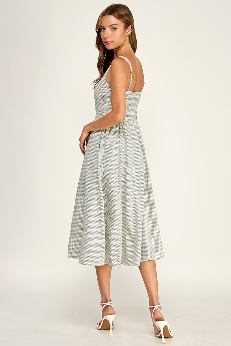 D5609-1 Gingham Square Neck Midi Dress
