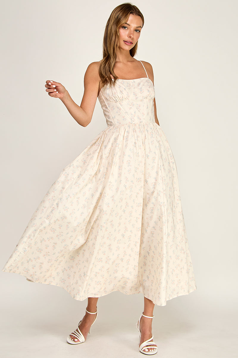 D5777-1 Floral Sleeveless Spaghetti Strap Sweetheart Neck Fit-and-Flare Midi Dress