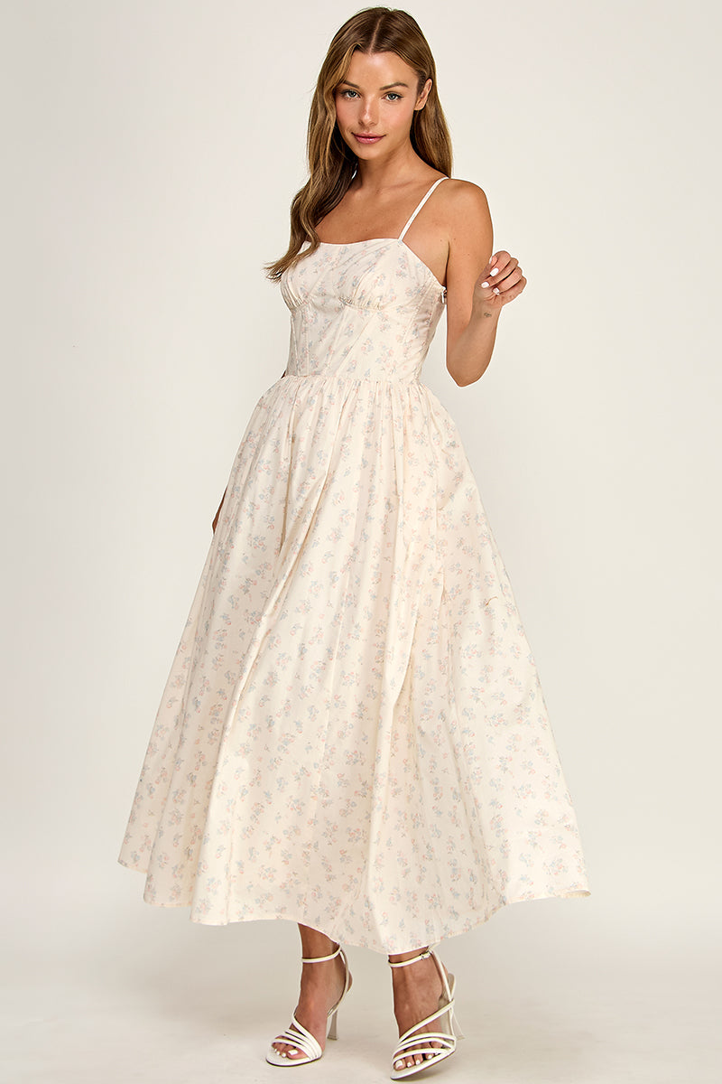 D5777-1 Floral Sleeveless Spaghetti Strap Sweetheart Neck Fit-and-Flare Midi Dress