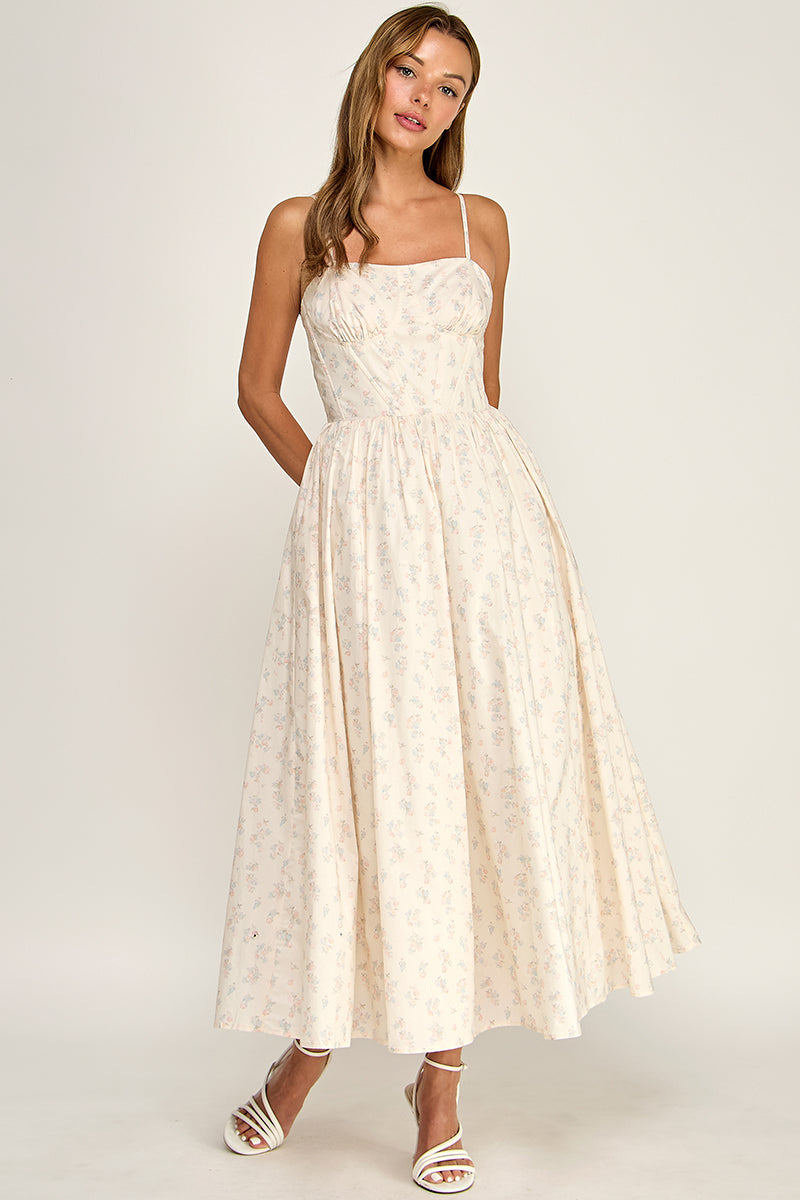 D5777-1 Floral Sleeveless Spaghetti Strap Sweetheart Neck Fit-and-Flare Midi Dress