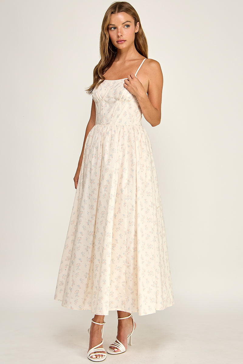 D5777-1 Floral Sleeveless Spaghetti Strap Sweetheart Neck Fit-and-Flare Midi Dress
