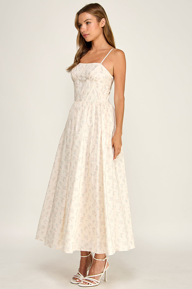 D5777-1 Floral Sleeveless Spaghetti Strap Sweetheart Neck Fit-and-Flare Midi Dress
