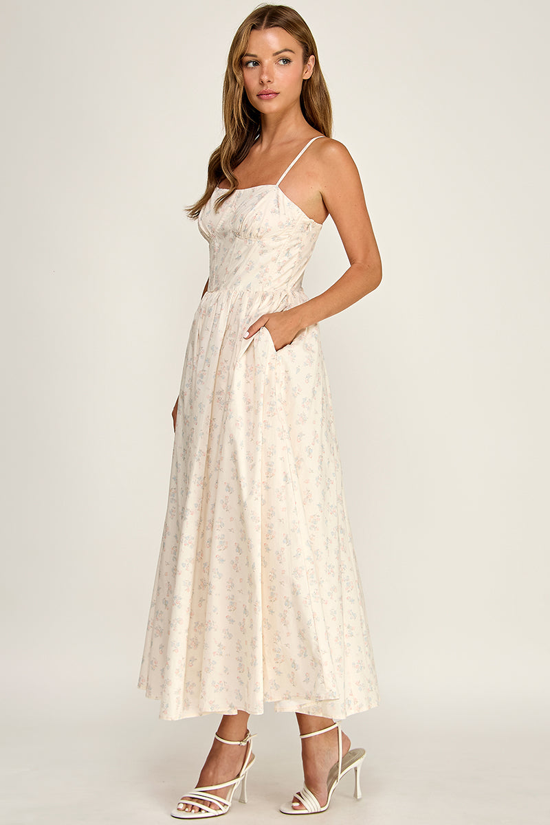 D5777-1 Floral Sleeveless Spaghetti Strap Sweetheart Neck Fit-and-Flare Midi Dress