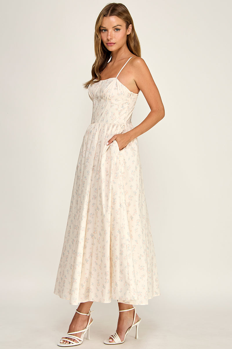 D5777-1 Floral Sleeveless Spaghetti Strap Sweetheart Neck Fit-and-Flare Midi Dress