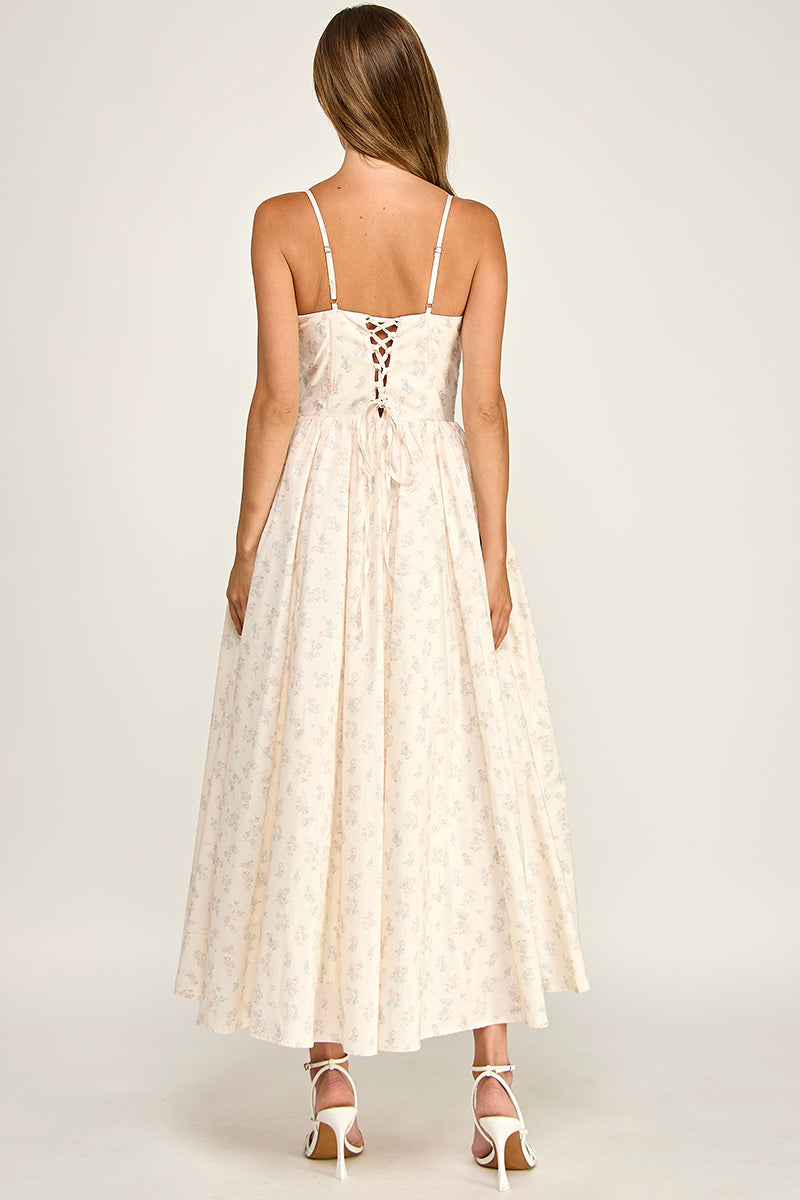 D5777-1 Floral Sleeveless Spaghetti Strap Sweetheart Neck Fit-and-Flare Midi Dress