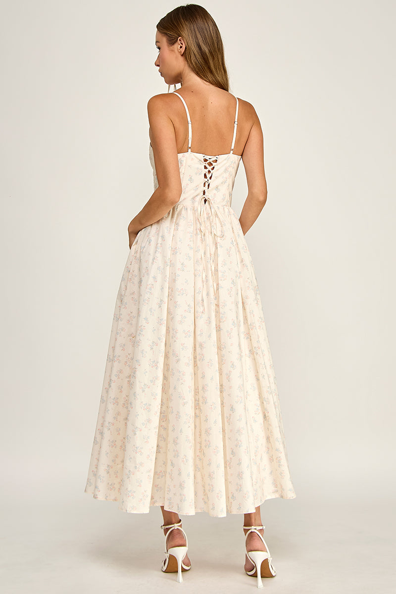 D5777-1 Floral Sleeveless Spaghetti Strap Sweetheart Neck Fit-and-Flare Midi Dress