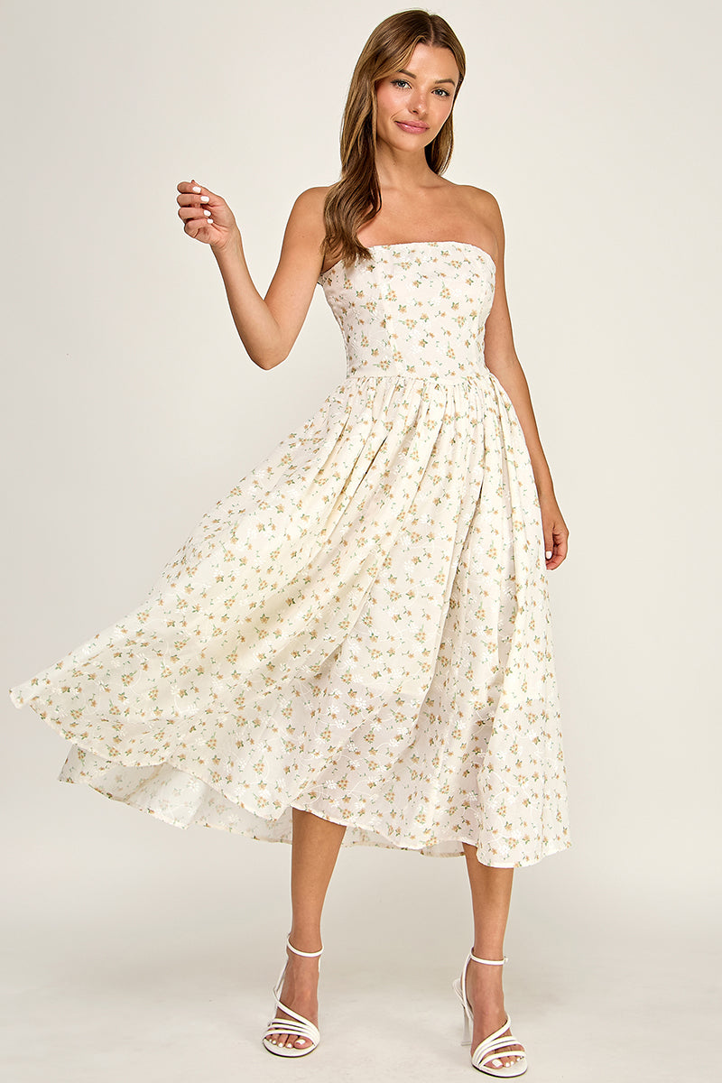 D5516-2 Strapless Floral Embroidered Midi Dress with Pockets