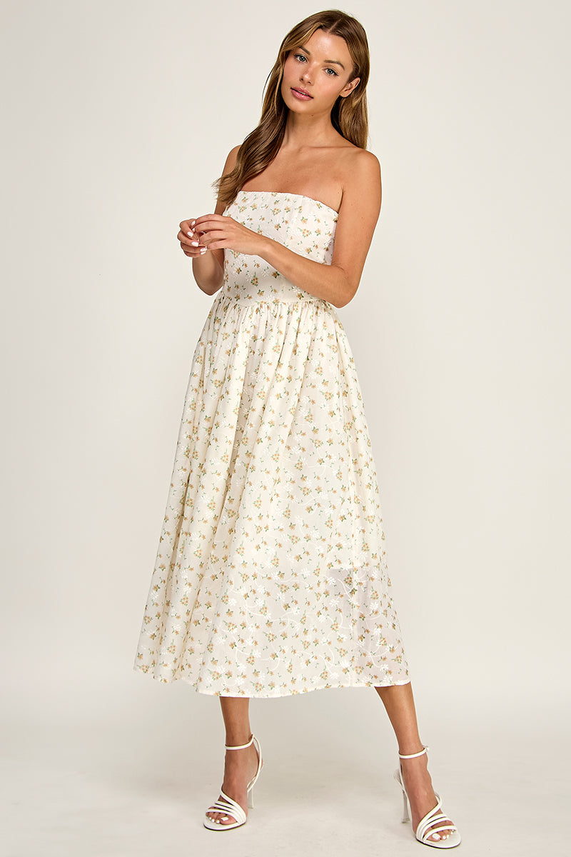 D5516-2 Strapless Floral Embroidered Midi Dress with Pockets