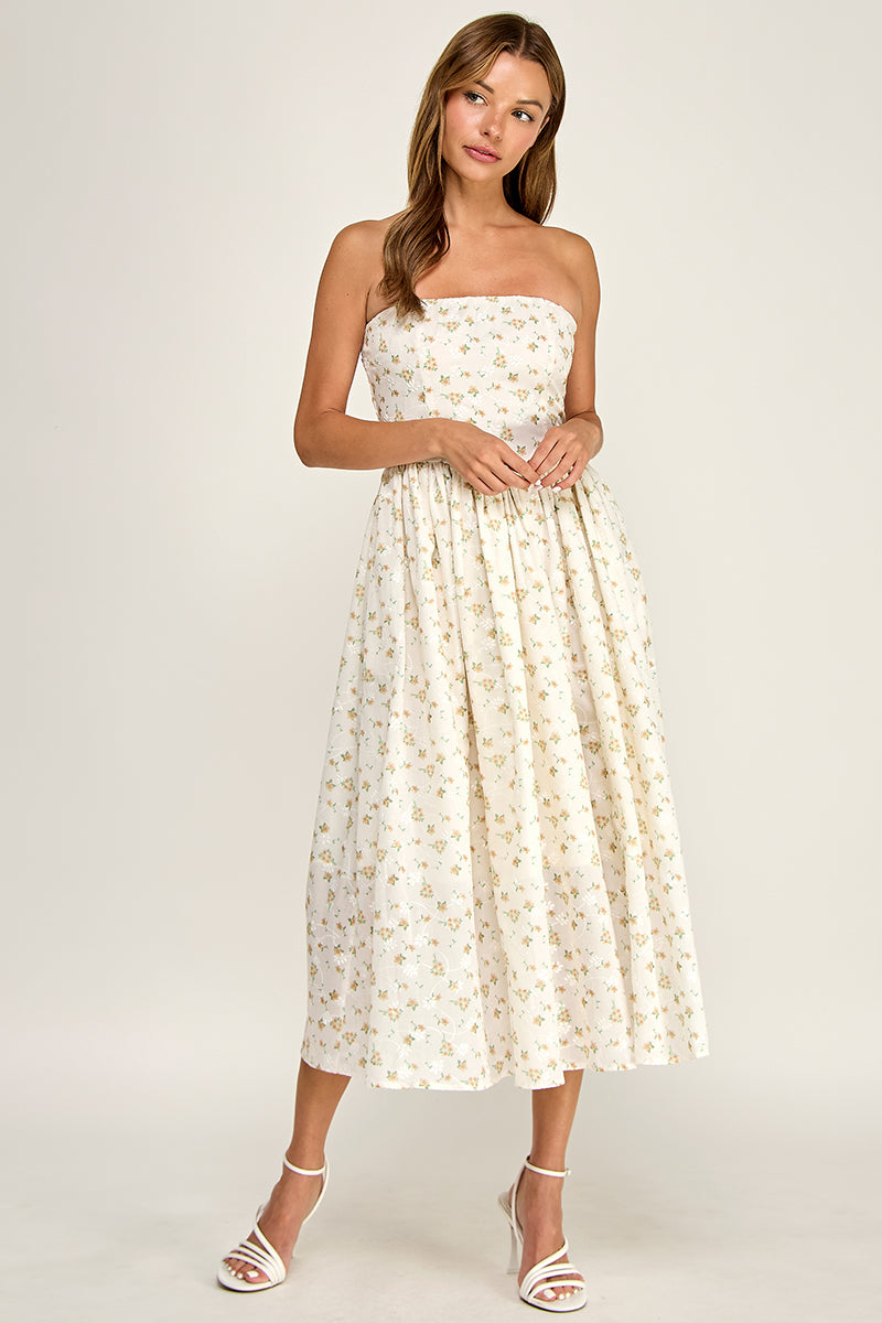 D5516-2 Strapless Floral Embroidered Midi Dress with Pockets