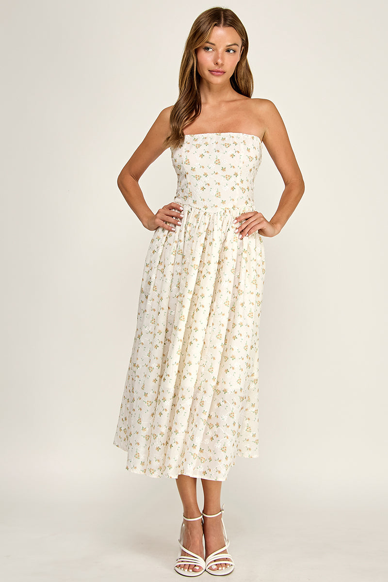 D5516-2 Strapless Floral Embroidered Midi Dress with Pockets