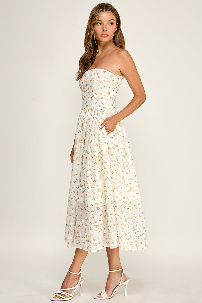 D5516-2 Strapless Floral Embroidered Midi Dress with Pockets