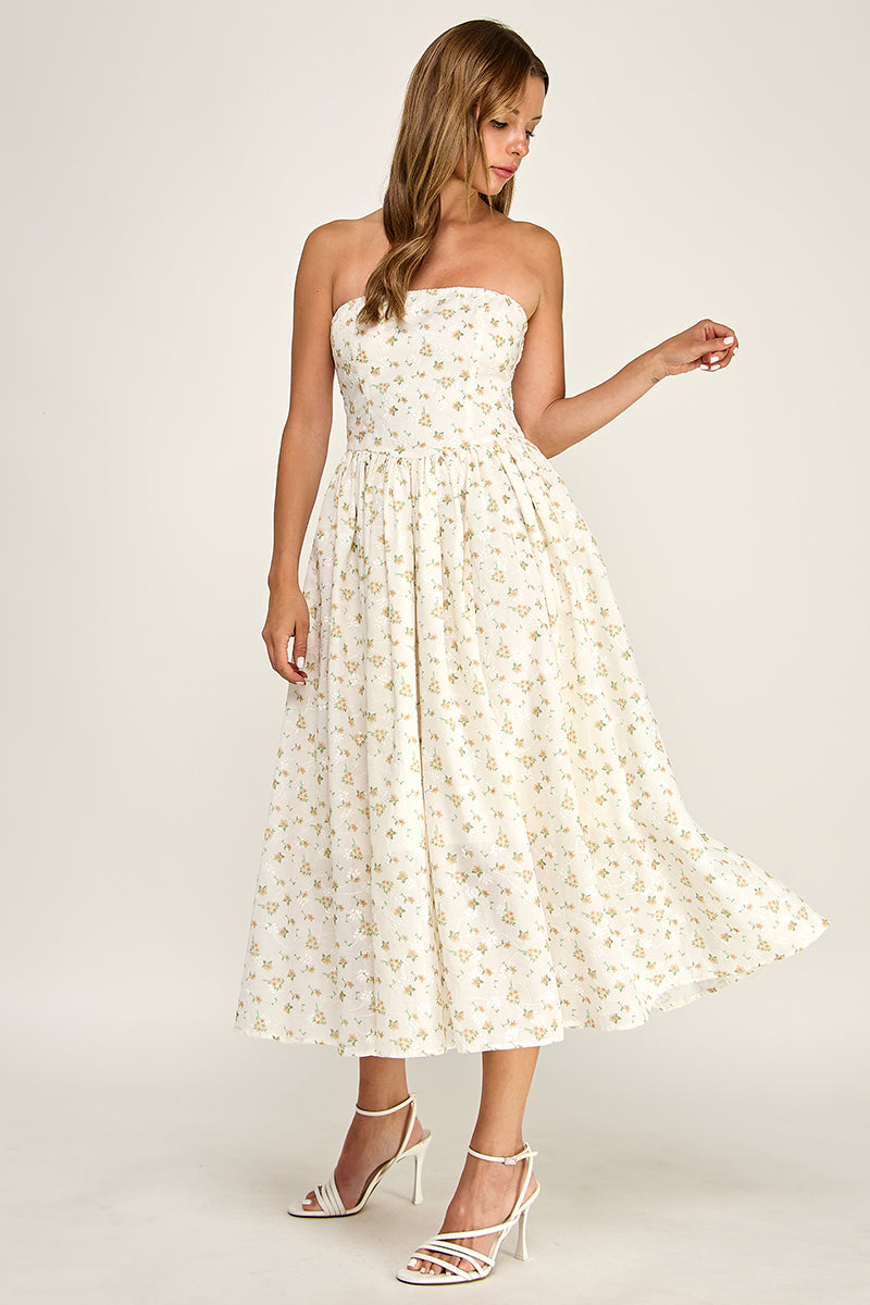 D5516-2 Strapless Floral Embroidered Midi Dress with Pockets