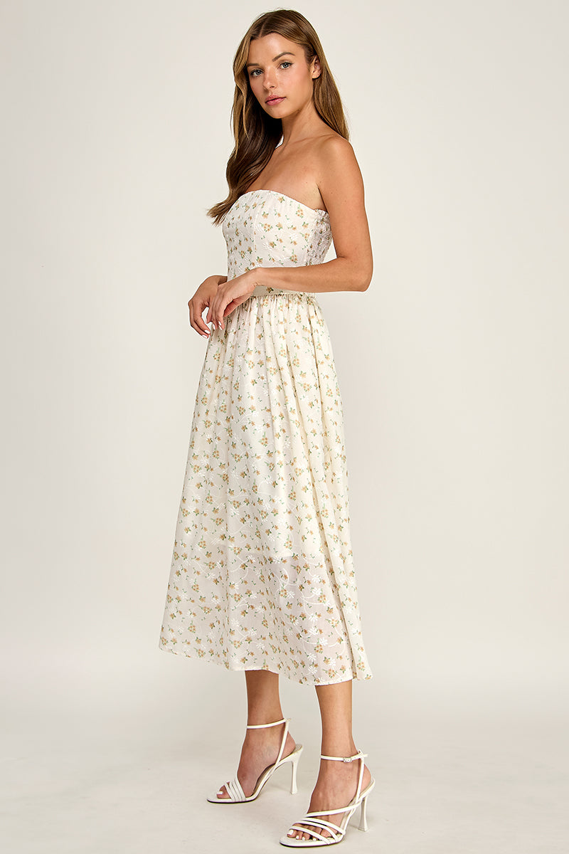 D5516-2 Strapless Floral Embroidered Midi Dress with Pockets