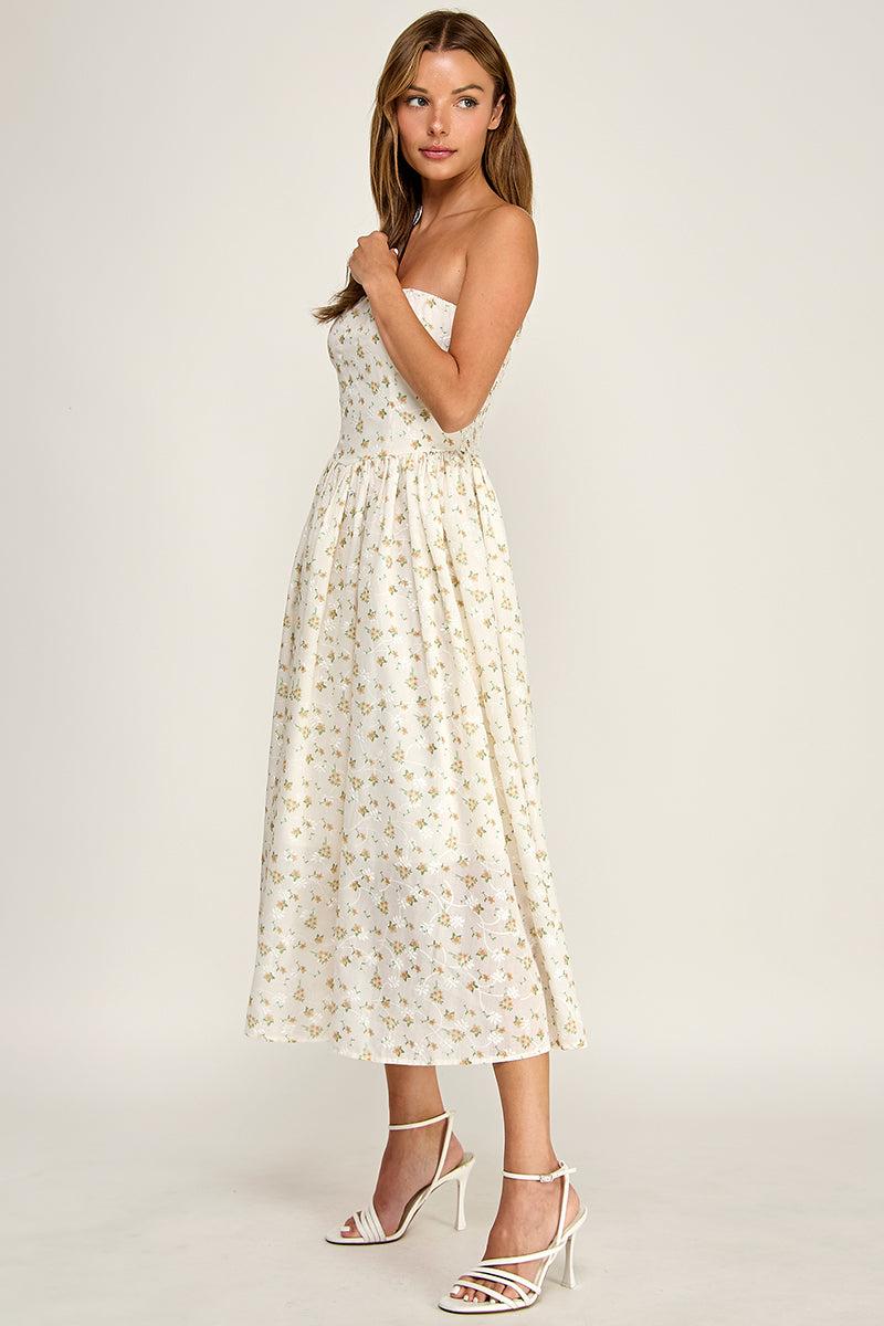 D5516-2 Strapless Floral Embroidered Midi Dress with Pockets