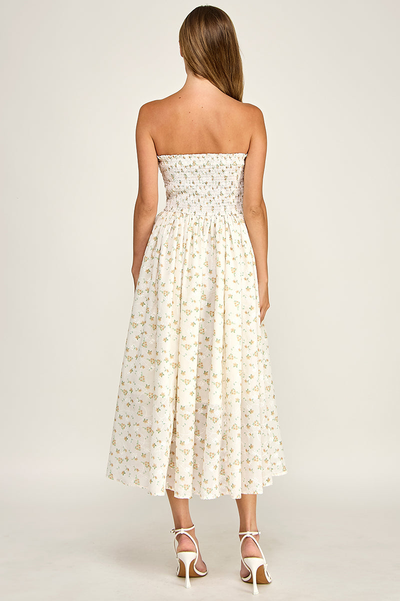 D5516-2 Strapless Floral Embroidered Midi Dress with Pockets