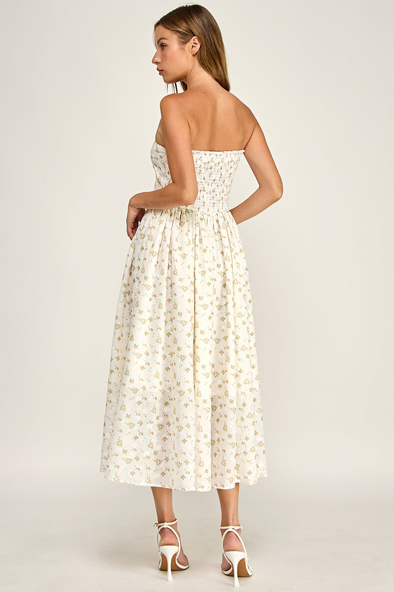 D5516-2 Strapless Floral Embroidered Midi Dress with Pockets