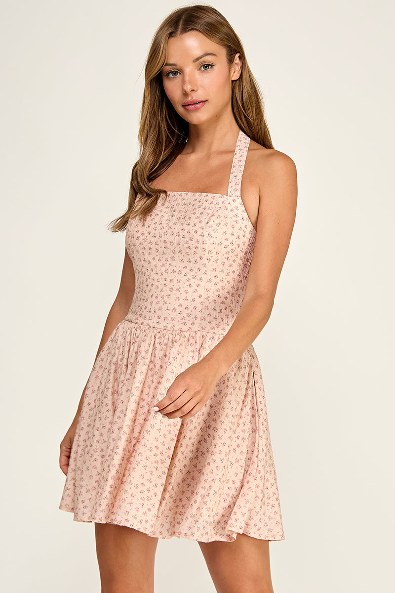 D5536-4 Ditsy Floral Halter Mini Dress