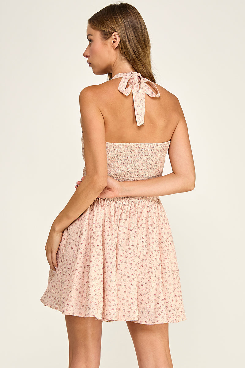 D5536-4 Ditsy Floral Halter Mini Dress