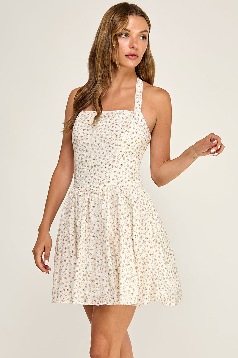 D5536-4 Ditsy Floral Halter Mini Dress