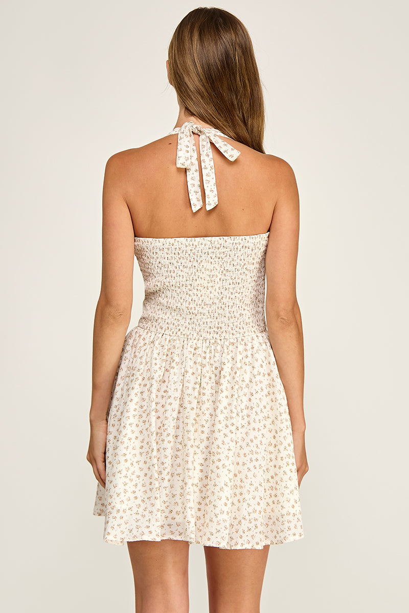 D5536-4 Ditsy Floral Halter Mini Dress