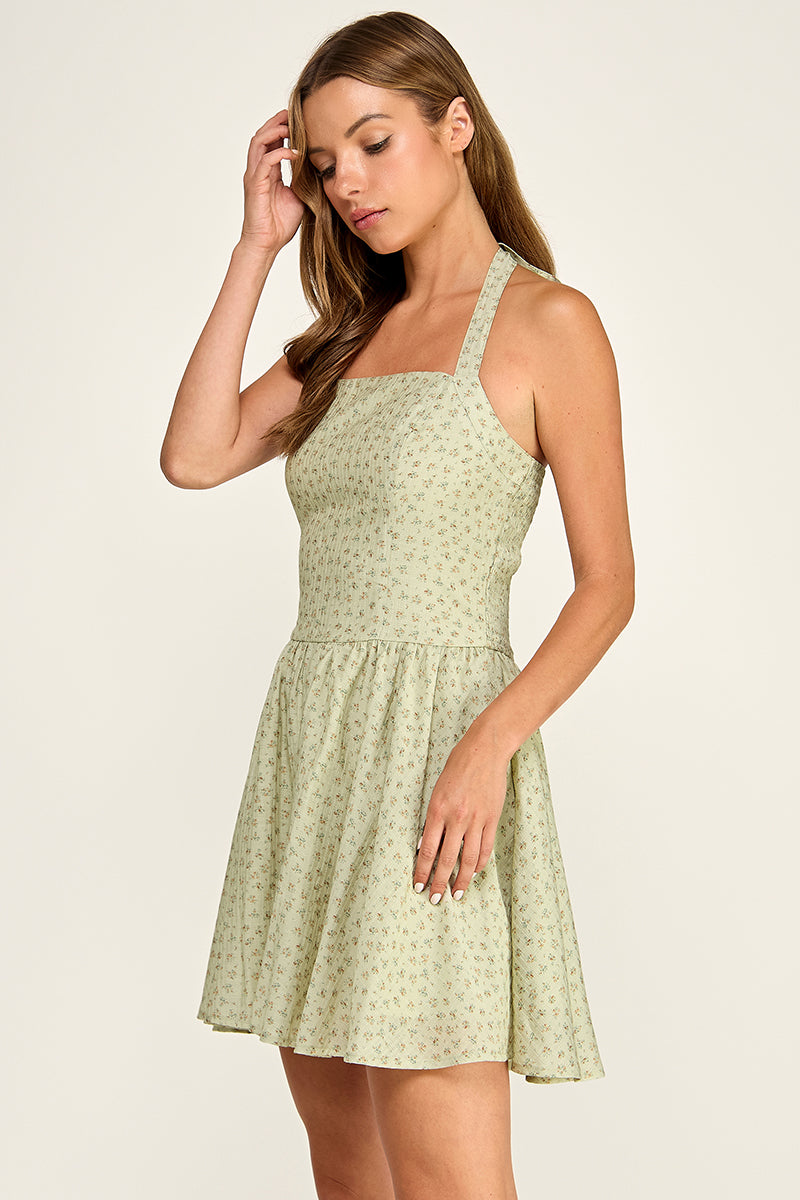D5536-4 Ditsy Floral Halter Mini Dress