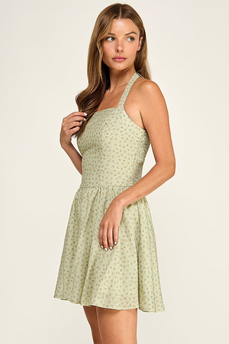 D5536-4 Ditsy Floral Halter Mini Dress
