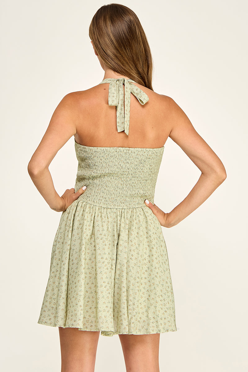D5536-4 Ditsy Floral Halter Mini Dress