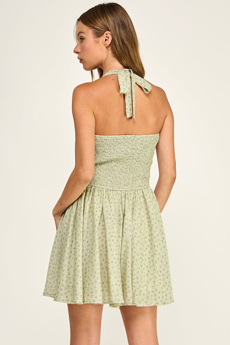 D5536-4 Ditsy Floral Halter Mini Dress