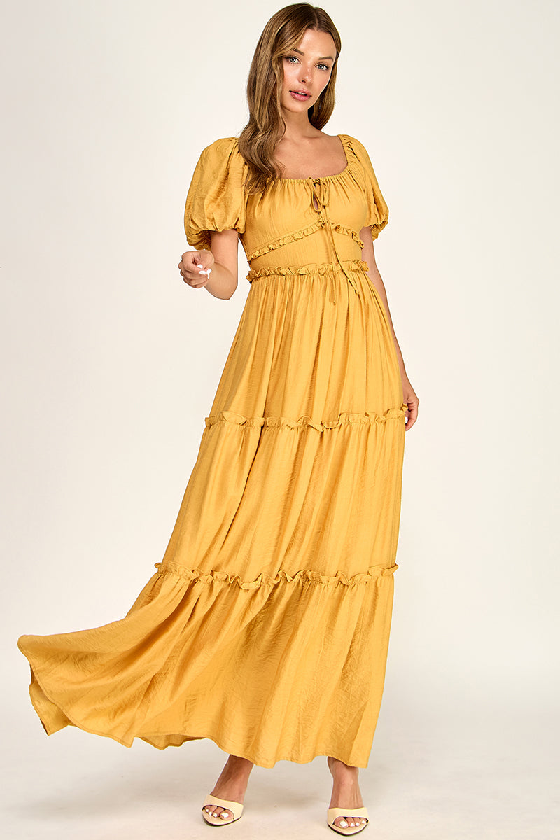 D5737S Puff Sleeve Tie-Front Cut-Out Tiered Maxi Dress