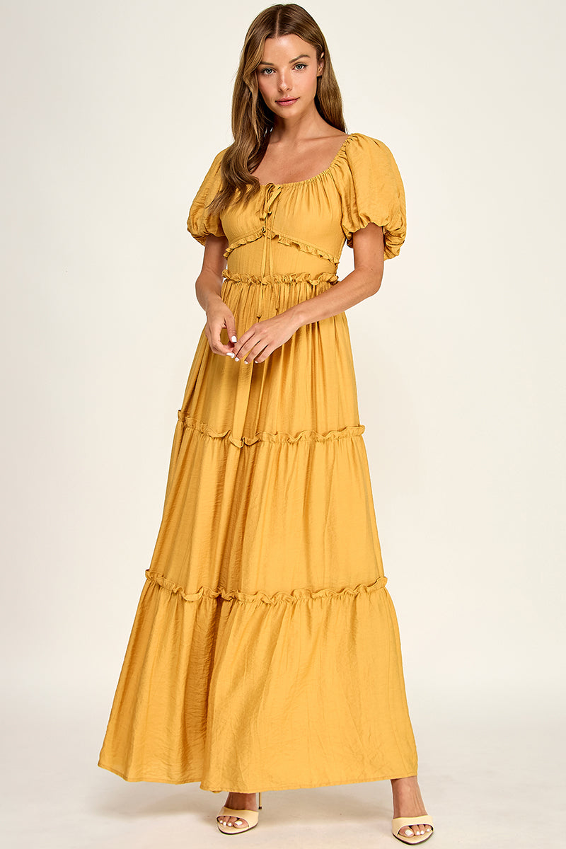 D5737S Puff Sleeve Tie-Front Cut-Out Tiered Maxi Dress