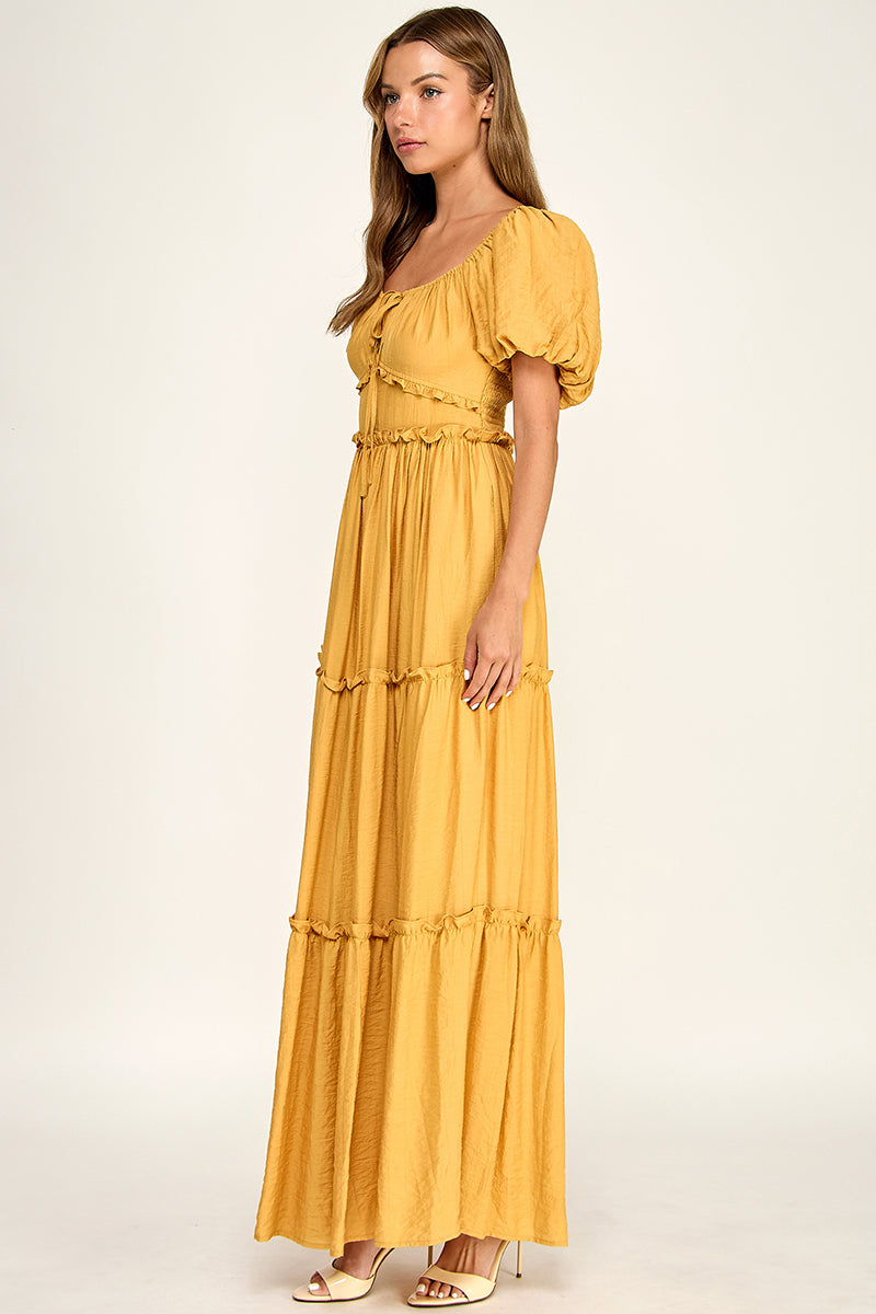 D5737S Puff Sleeve Tie-Front Cut-Out Tiered Maxi Dress