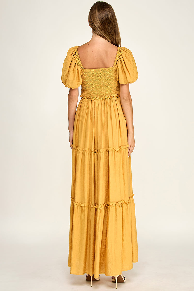 D5737S Puff Sleeve Tie-Front Cut-Out Tiered Maxi Dress